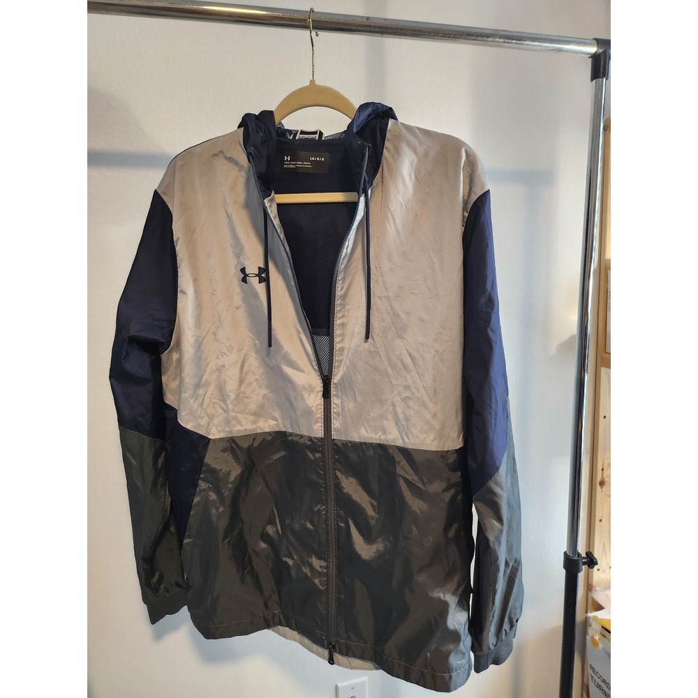 Under Armour Windbreaker Jacket Full Zip Hooded Mens Large Gray Blue